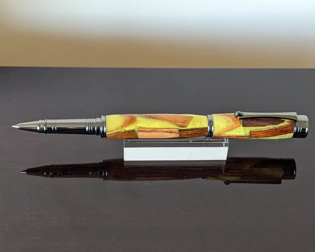 481 Yellow Scrap Wood Rollerball with Gun Metal Fittings