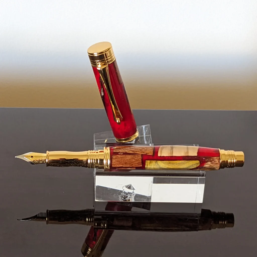 596 Red Resin Scrapwood Fountain Pen with Gold Plated Fittings