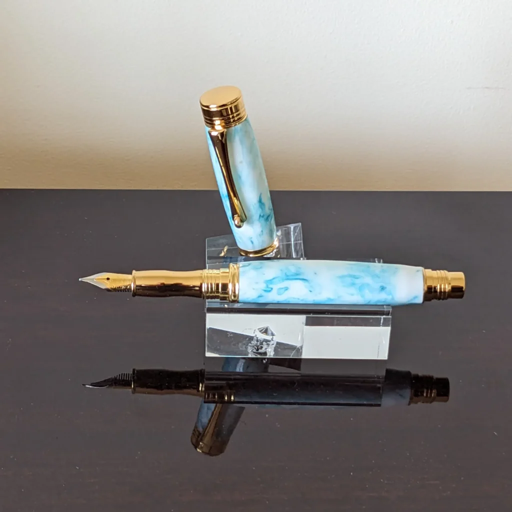 638 Blue and White Resin Fountain Pen with Gold Plated Fittings