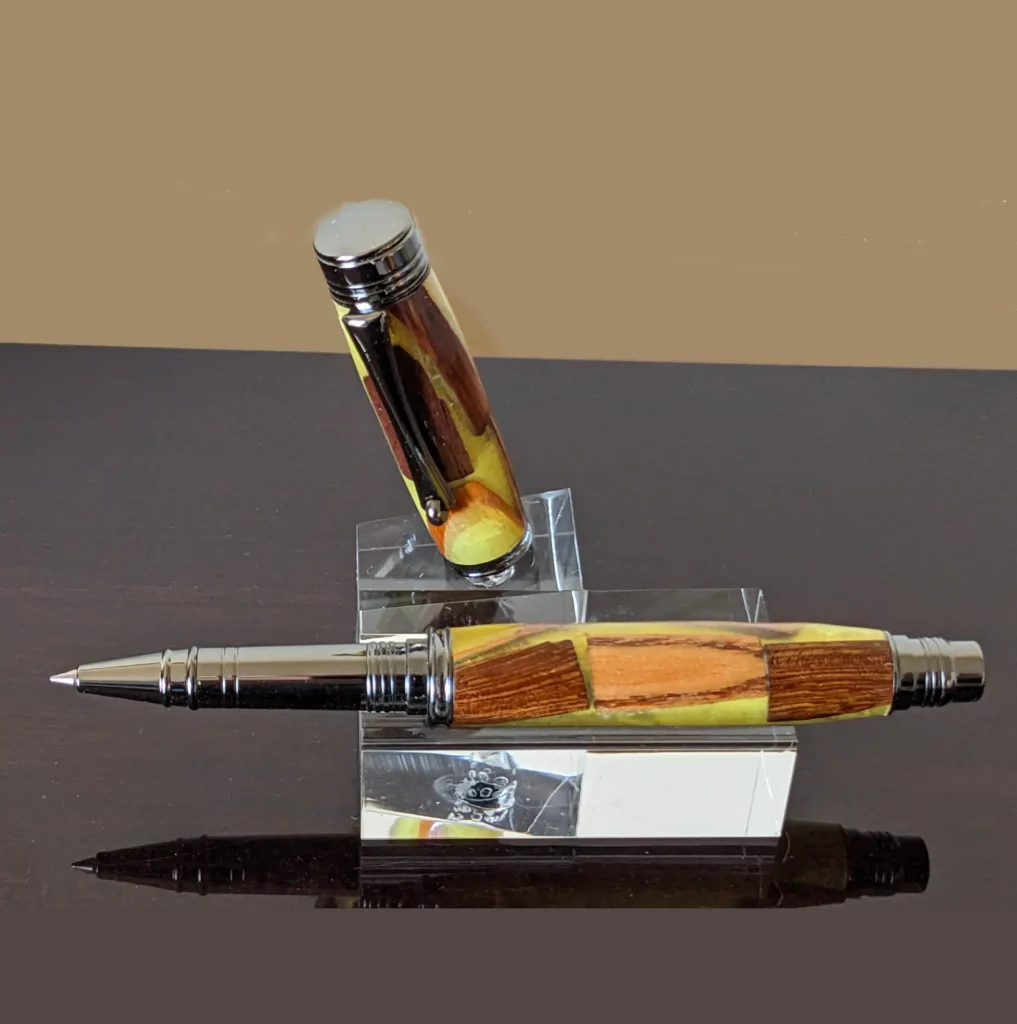 Yellow Scrap Wood Rollerball Pen with Gun Metal Fittings (481)