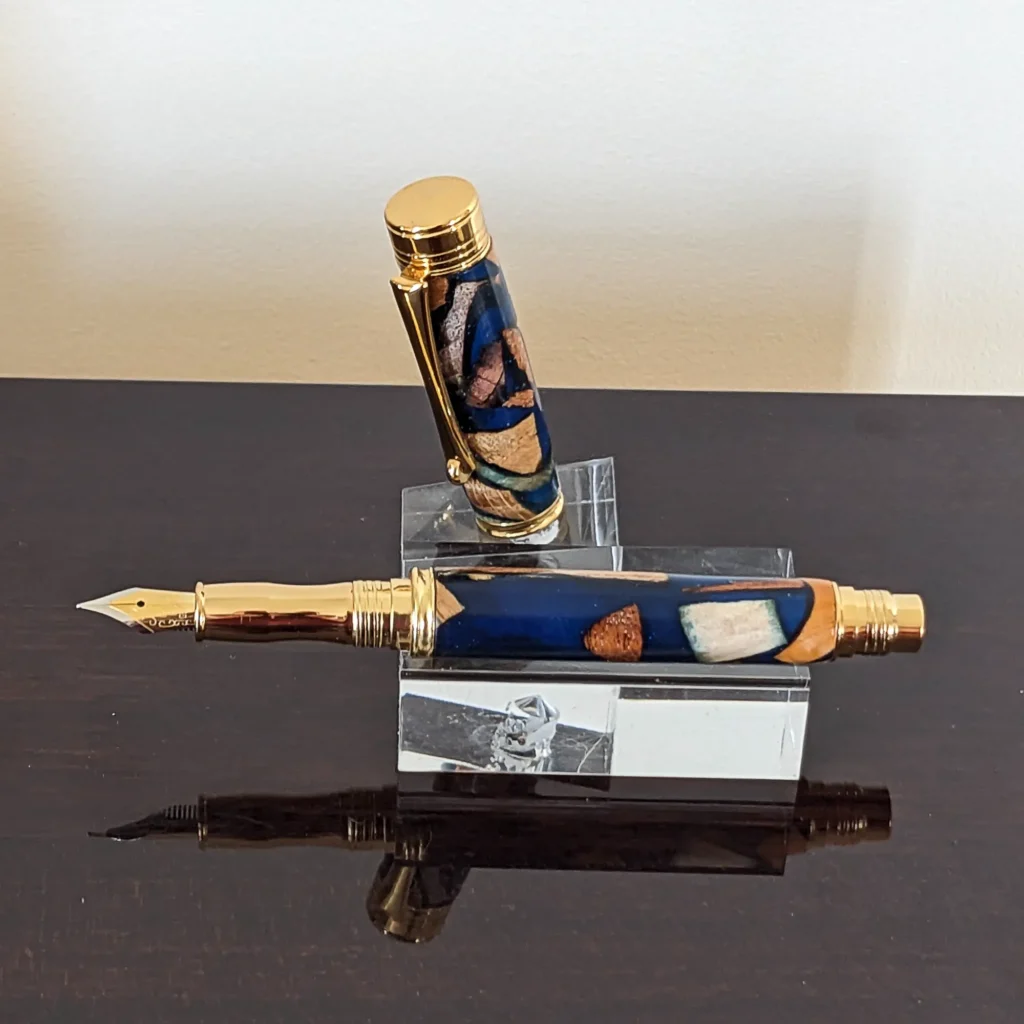Blue Scrap Wood Fountain Pen with Gold Plated Fittings (860)