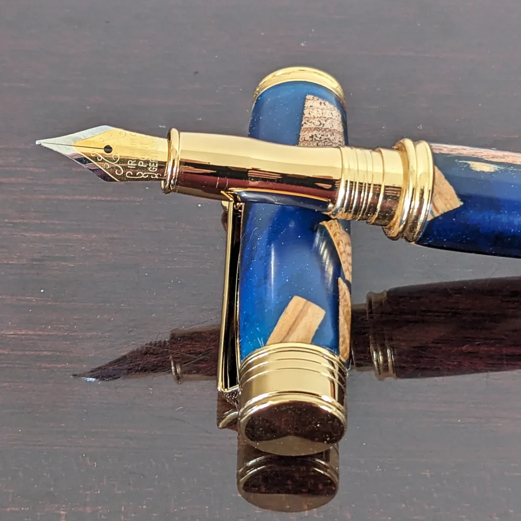 Blue Scrap Wood Fountain Pen with Gold Plated Fittings (860)
