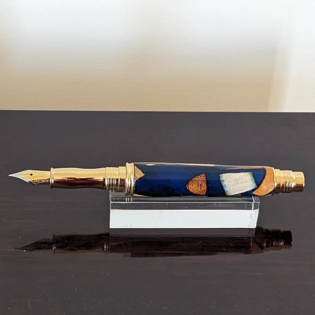 Blue Scrap Wood Fountain Pen with Gold Plated Fittings (860)