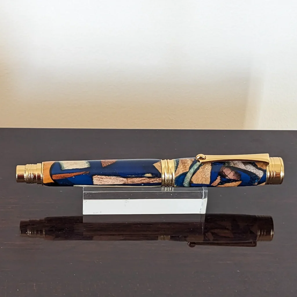 Blue Scrap Wood Fountain Pen with Gold Plated Fittings (860)