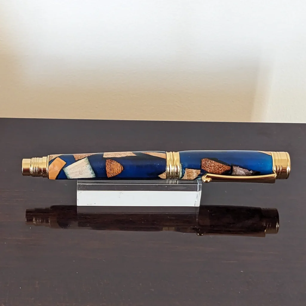 Blue Scrap Wood Fountain Pen with Gold Plated Fittings (860)