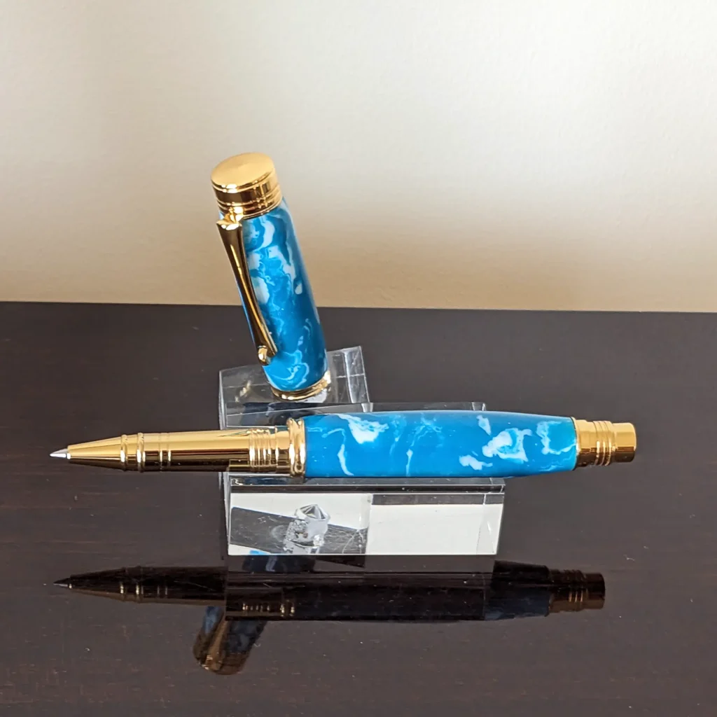 Blue and White Rollerball Pen with Gold Plated Fittings (909)