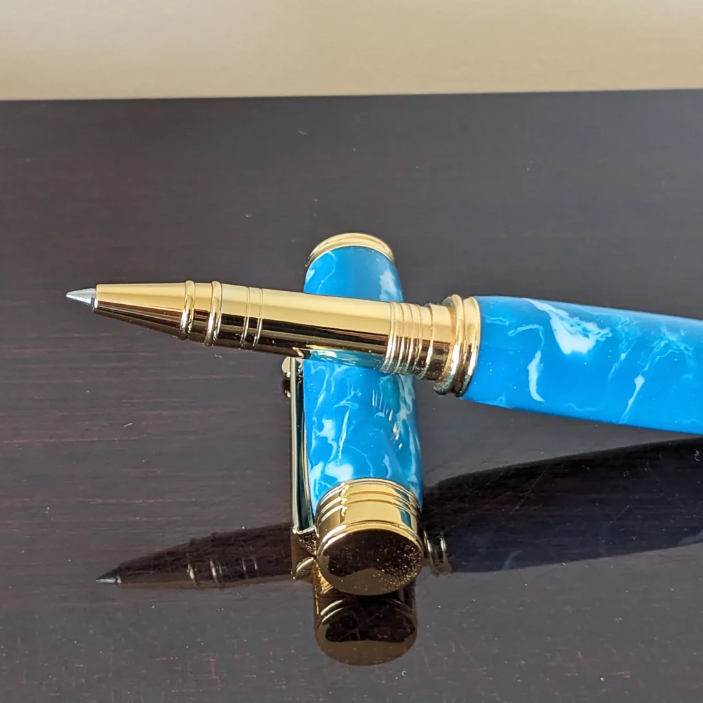Blue and White Rollerball Pen with Gold Plated Fittings (909)