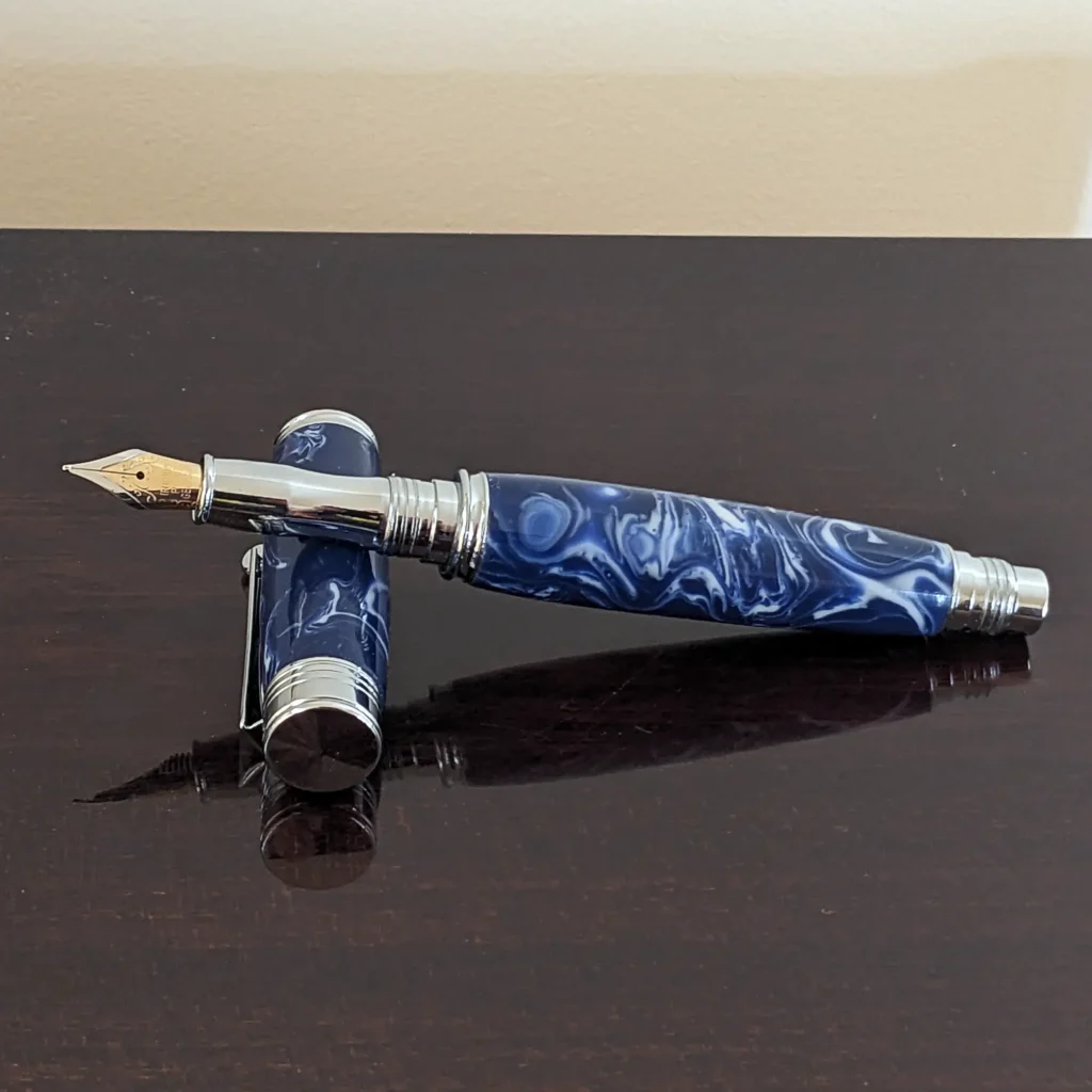 Blue and White Fountain Pen with Chrome Fittings (923)