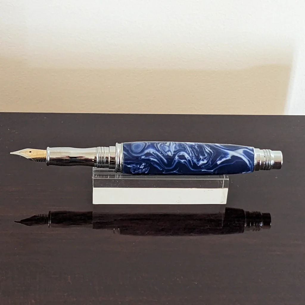 Blue and White Fountain Pen with Chrome Fittings (923)