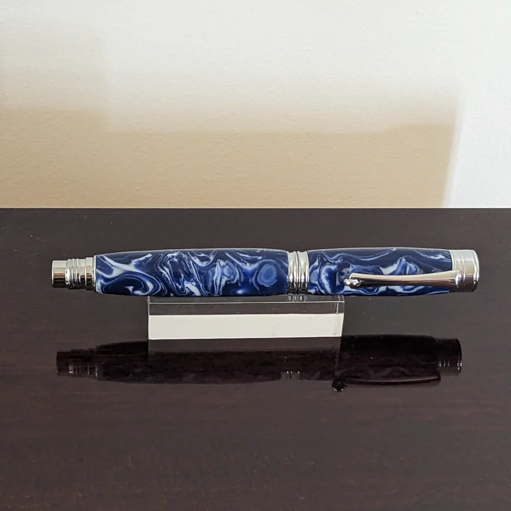 Blue and White Fountain Pen with Chrome Fittings (923)