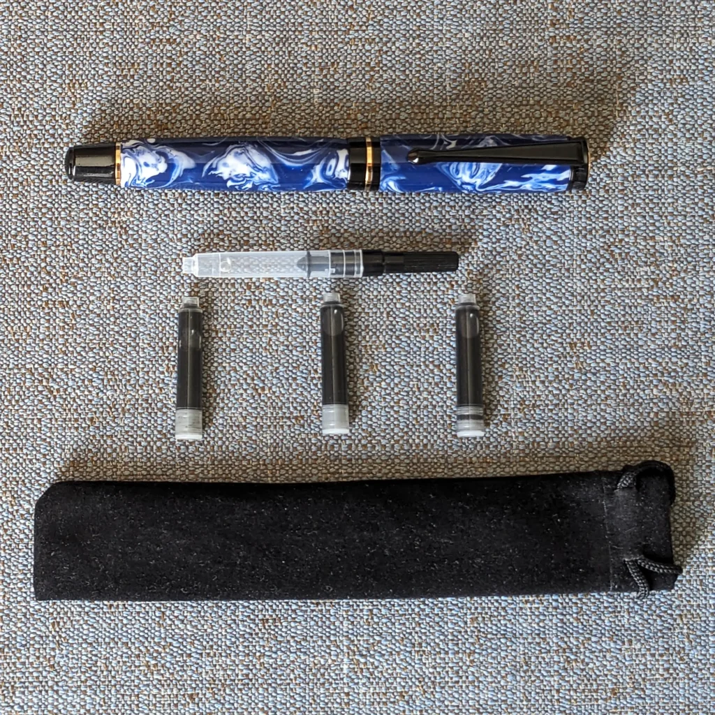 Blue and White Fountain Pen with Black and Gold Fittings (935)
