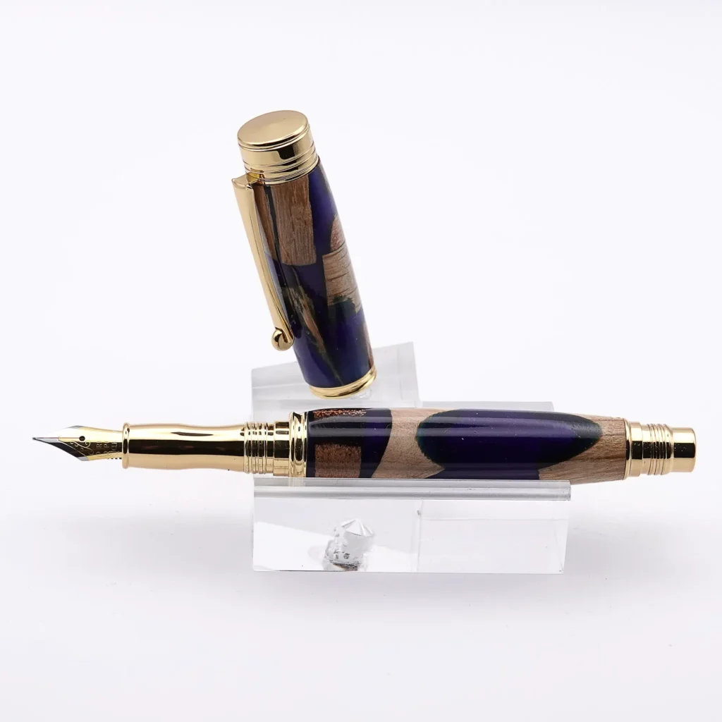 Blue Scrap Wood Fountain Pen with Gold Plated Fittings (967)