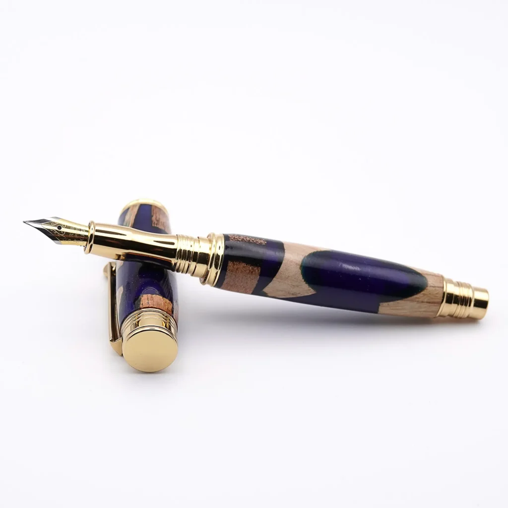 Blue Scrap Wood Fountain Pen with Gold Plated Fittings (967)