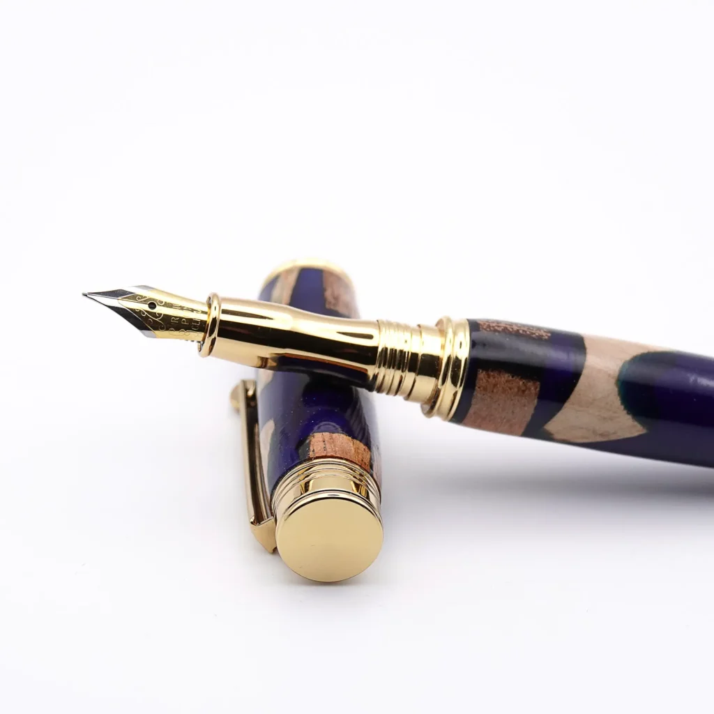 Blue Scrap Wood Fountain Pen with Gold Plated Fittings (967)