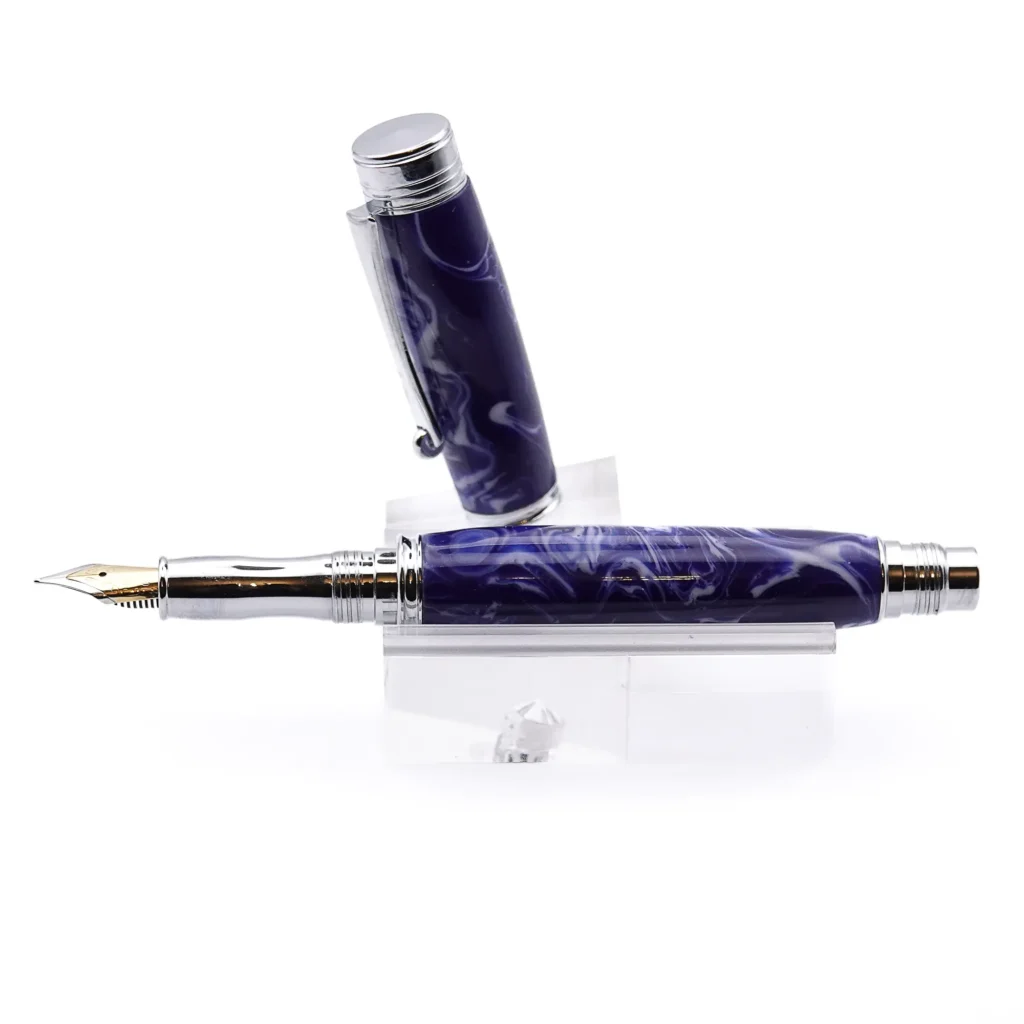 Blue and White Fountain Pen with Chrome Plated Fittings (923)