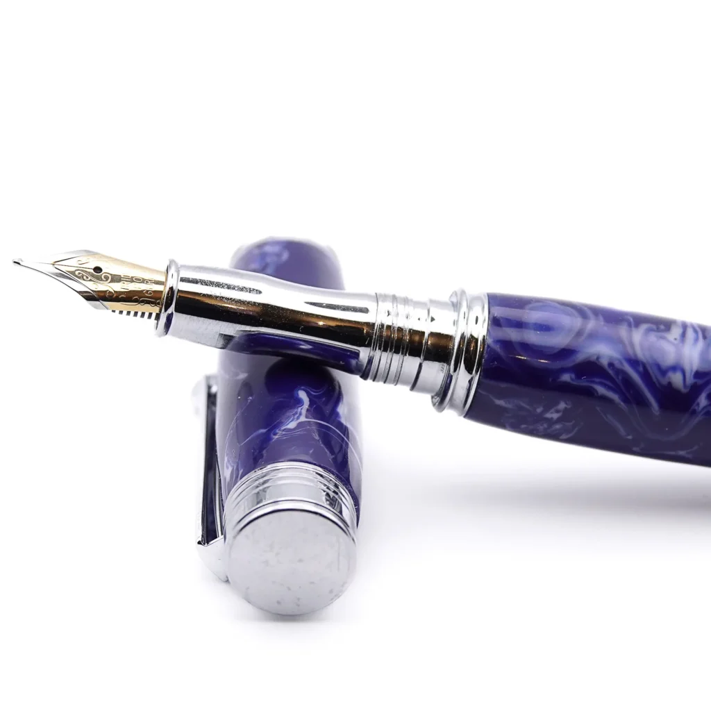 Blue and White Fountain Pen with Chrome Plated Fittings