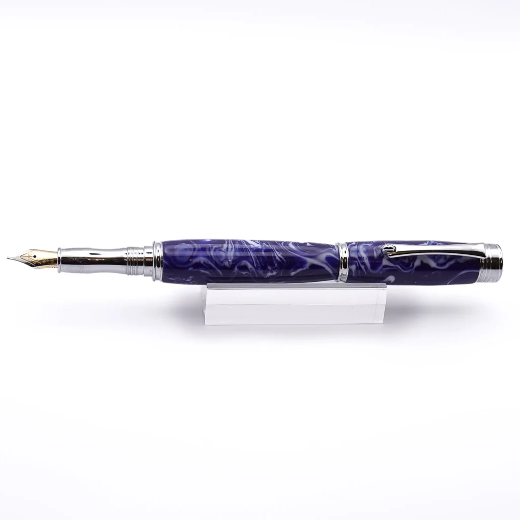 Blue and White Fountain Pen with Chrome Plated Fittings (923)