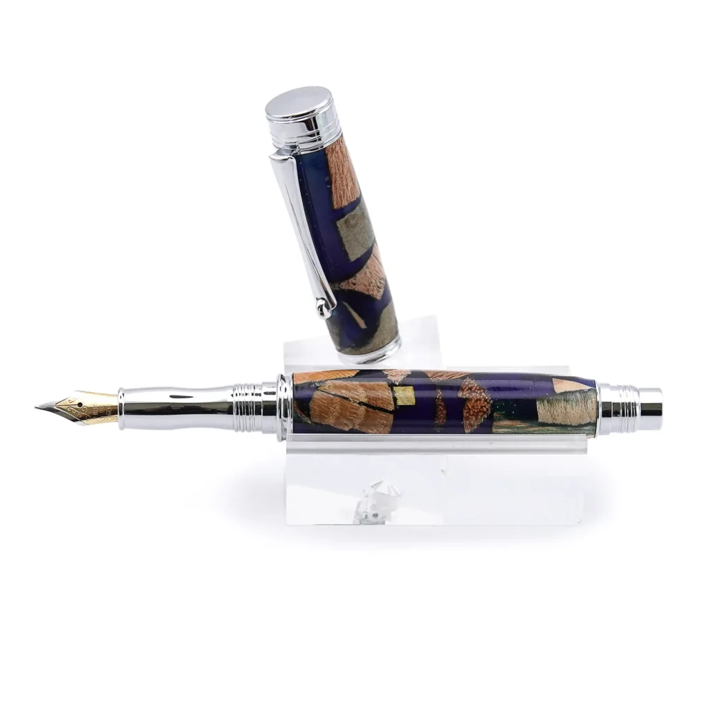 Blue Scrap Wood Fountain Pen with Chrome Plated Fittings (938)
