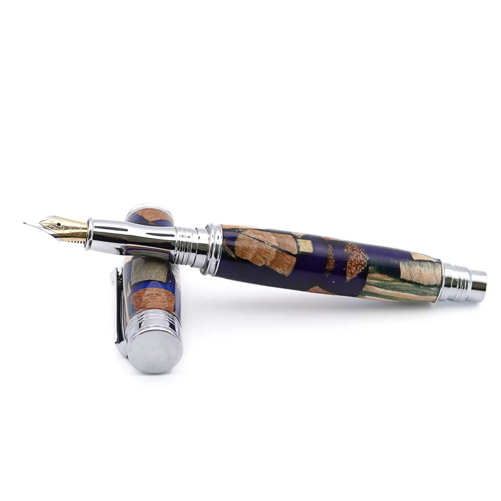 Blue Scrap Wood Fountain Pen with Chrome Plated Fittings (938)
