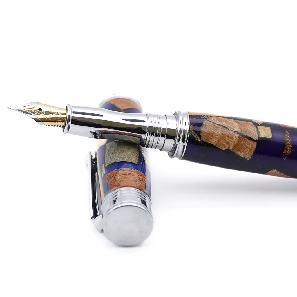 Blue Scrap Wood Fountain Pen with Chrome Plated Fittings (938)