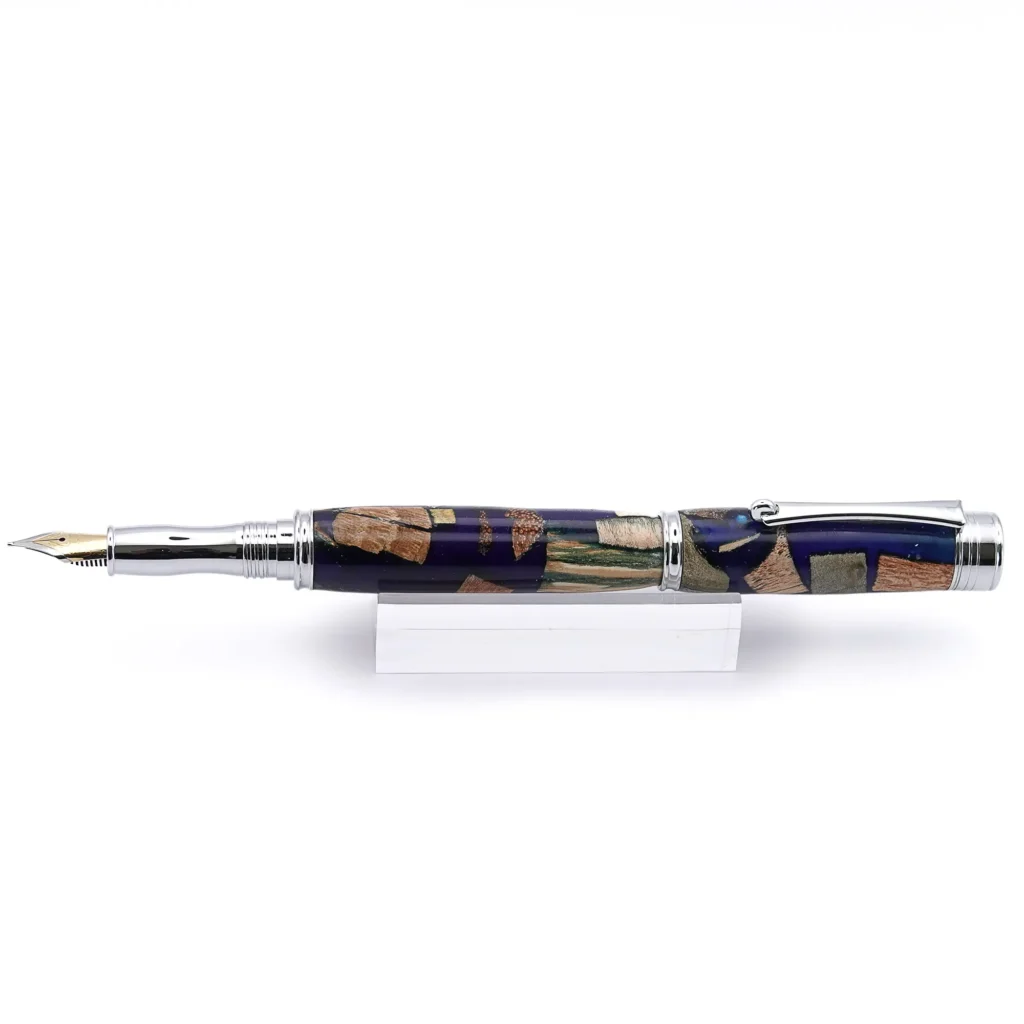 Blue Scrap Wood Fountain Pen with Chrome Plated Fittings (938)