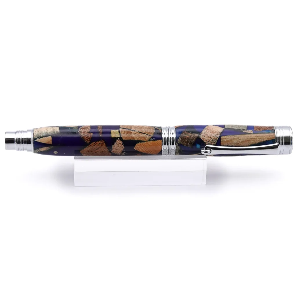 Blue Scrap Wood Fountain Pen with Chrome Plated Fittings (938)