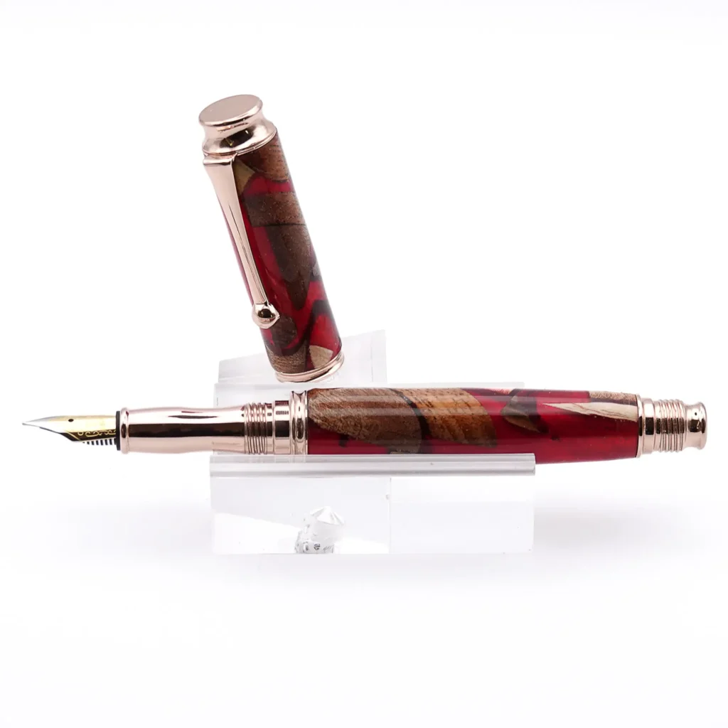 Red Scrap Wood Fountain Pen with Gold Plated Fittings (966)