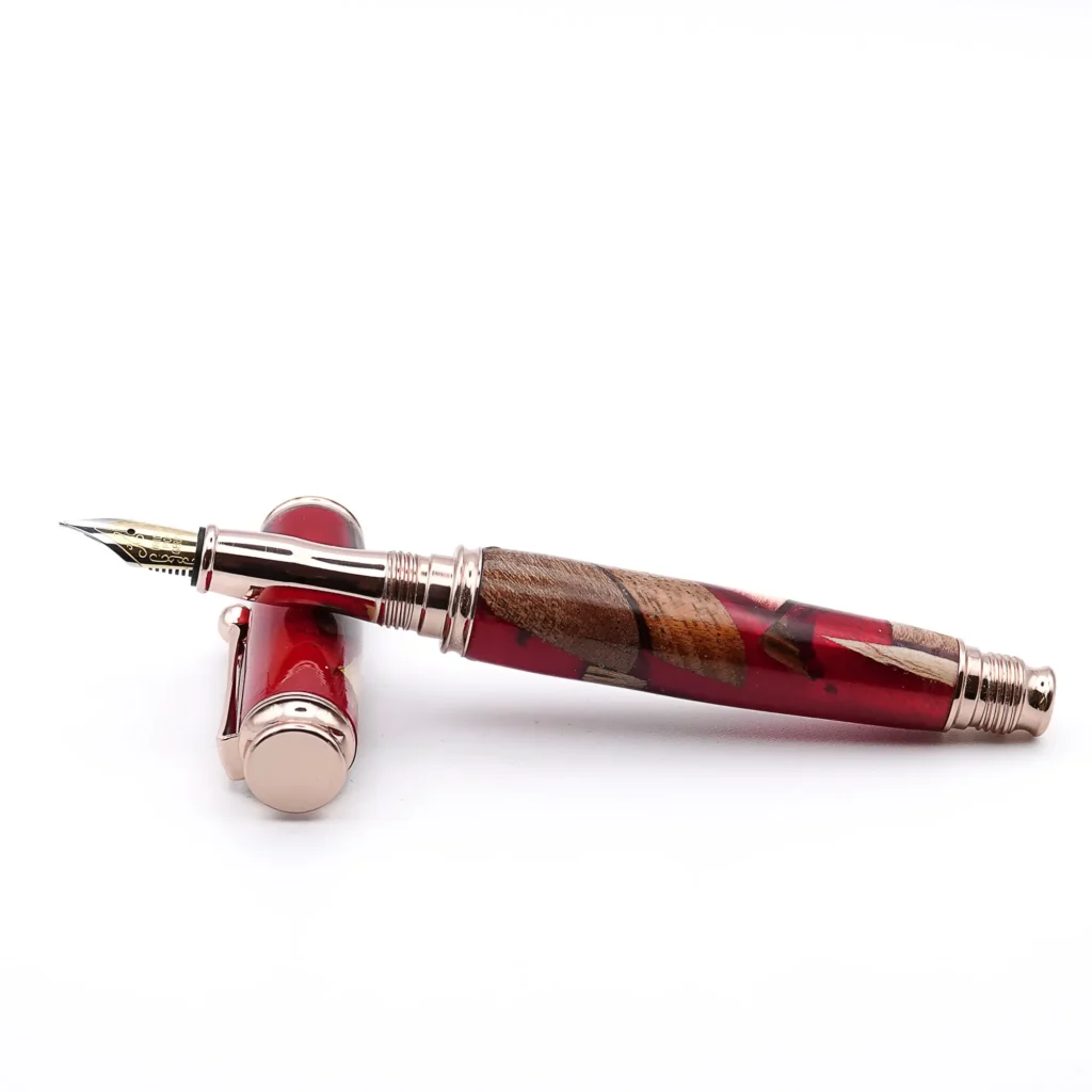 Red Scrap Wood Fountain Pen with Gold Plated Fittings (966)