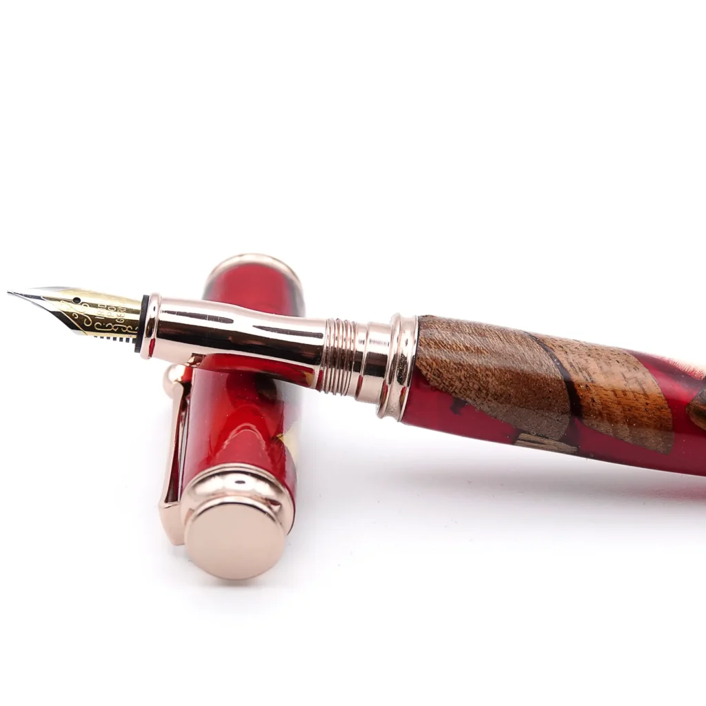 Red Scrap Wood Fountain Pen with Gold Plated Fittings (966)