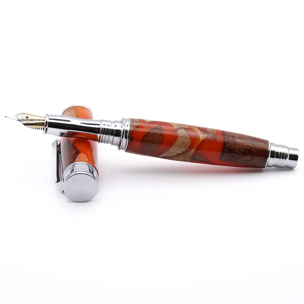 Orange Scrap Wood Fountain Pen with Chrome Plated Fittings (970)