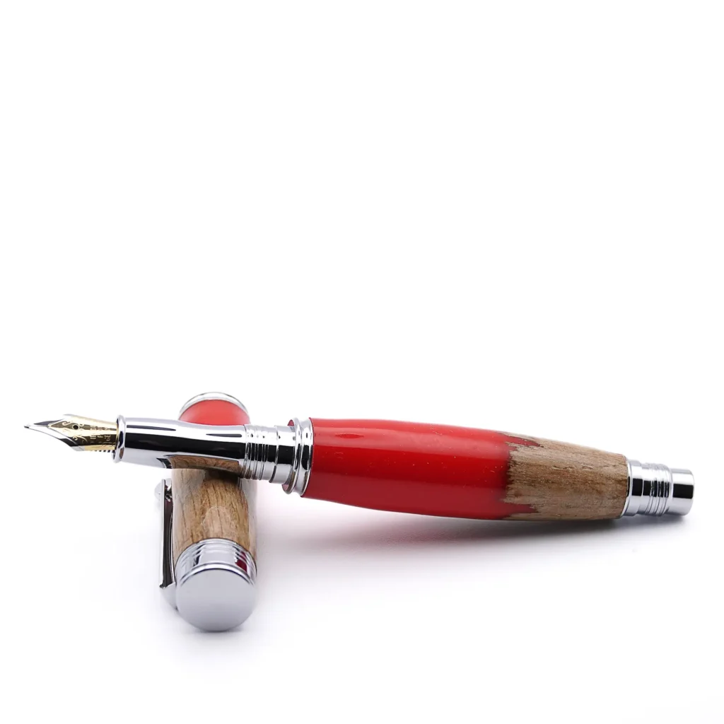 Oak and Red Fountain Pen with Chrome Plated Fittings (1055)
