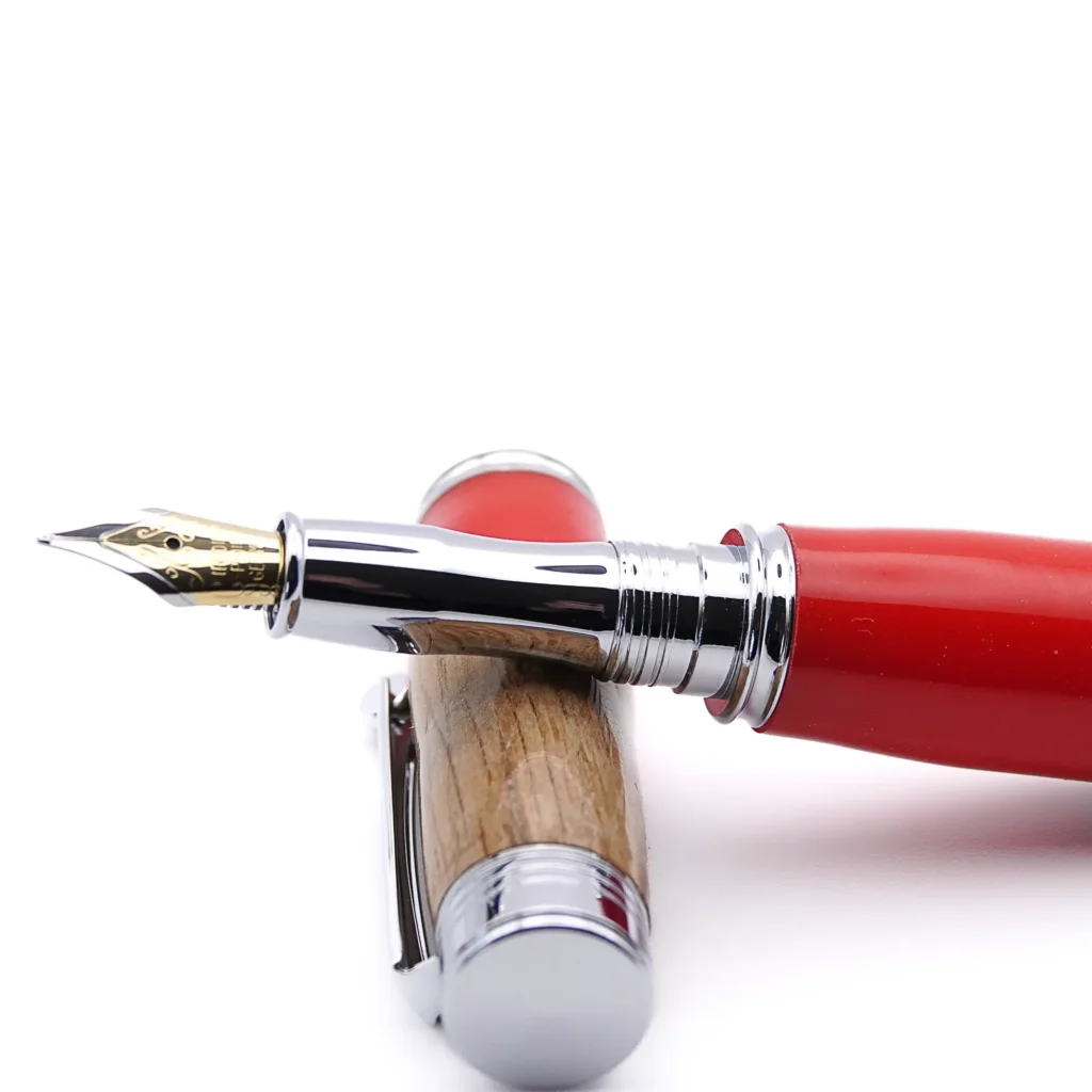Oak and Red Fountain Pen with Chrome Plated Fittings (1055)