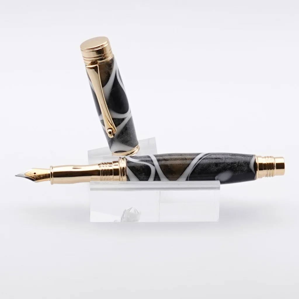 1221 Black, Gold and Silver Fountain Pen with Gold Plated Fittings