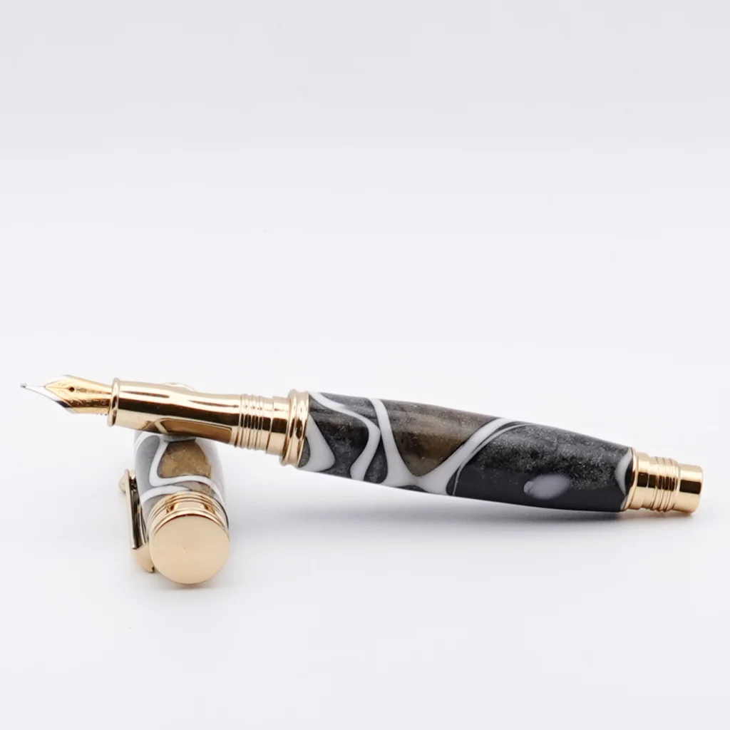 1221 Black, Gold and Silver Fountain Pen with Gold Plated Fittings