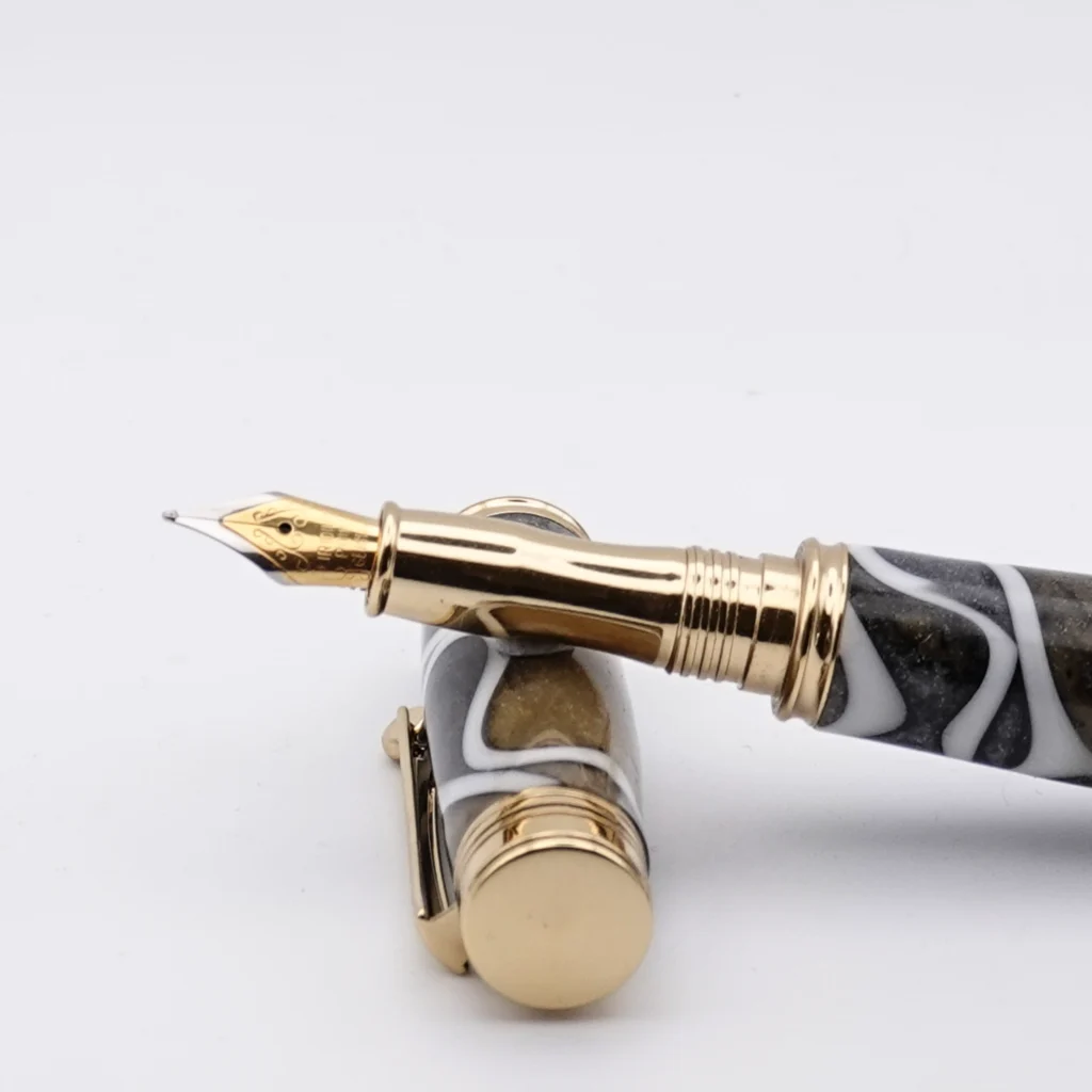 1221 Black, Gold and Silver Fountain Pen with Gold Plated Fittings