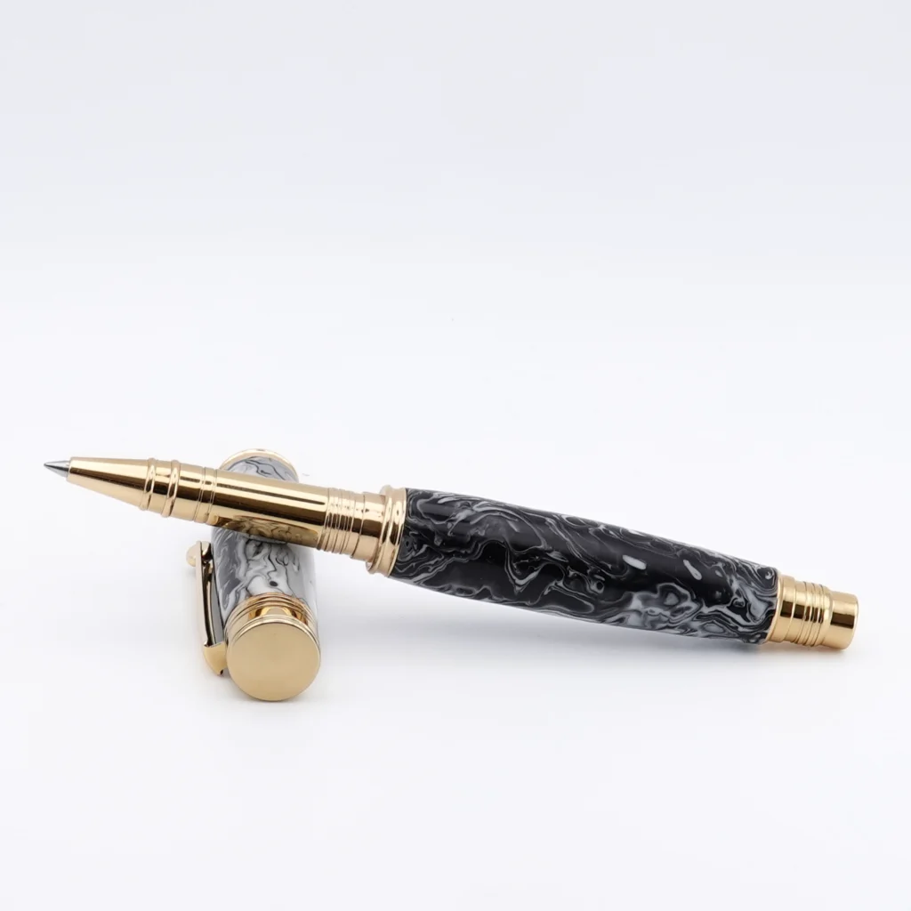 Black and White Rollerball Pen with Gold Plated Fittings (1242)