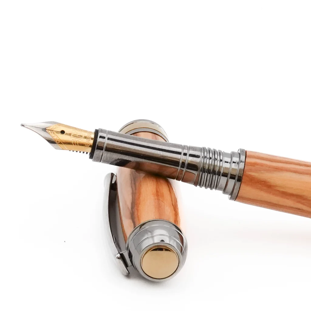 Luxury Olive Wood Fountain Pen with Black Titanium and Titanium Gold Fittings (1243)