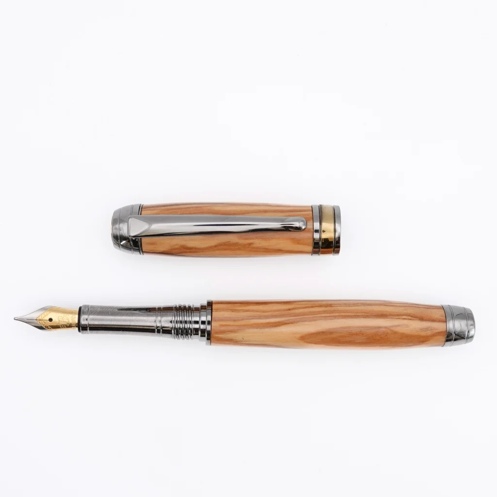 Luxury Olive Wood Fountain Pen with Black Titanium and Titanium Gold Fittings (1243)